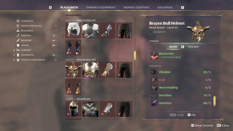 Enshrouded Brazen Bull Helmet crafting recipe with the Blacksmith