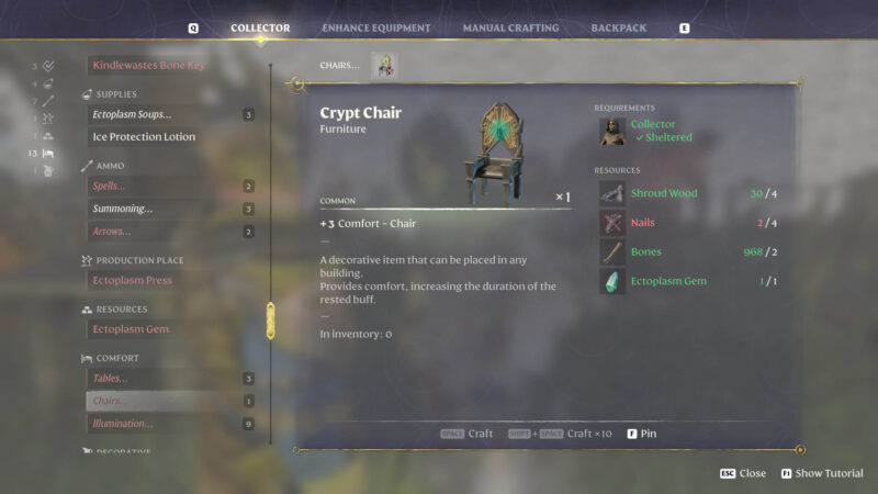Enshrouded Crypt Chair crafting recipe with Collector