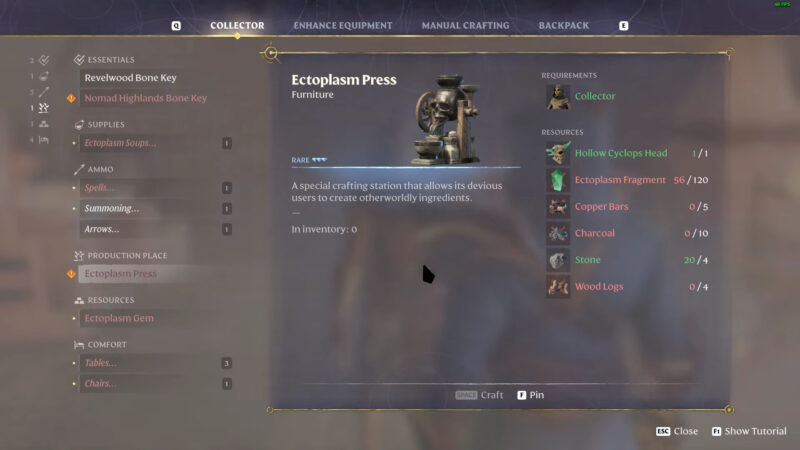 Enshrouded Ectoplasm Press crafting station for the Collector recipe