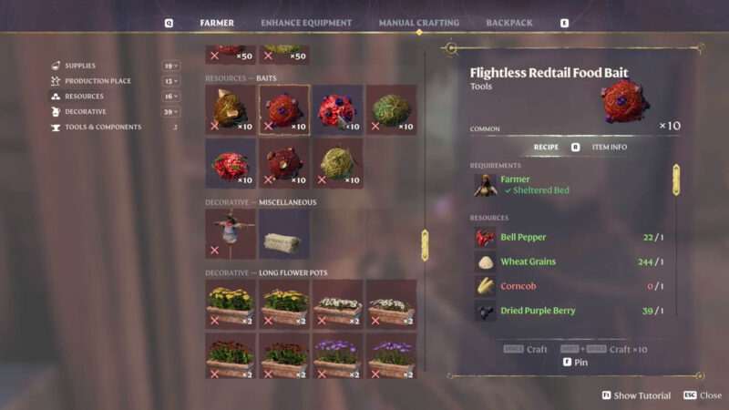 Enshrouded Flightless Redtail Food Bait recipe