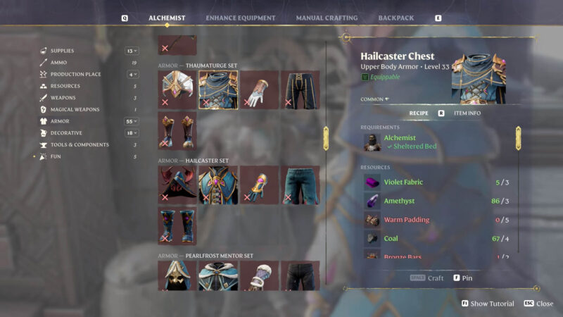 Enshrouded Hailcaster Chest crafting recipe with the Alchemist