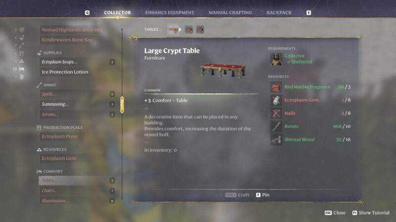Enshrouded Large Crypt Table crafting recipe with Collector