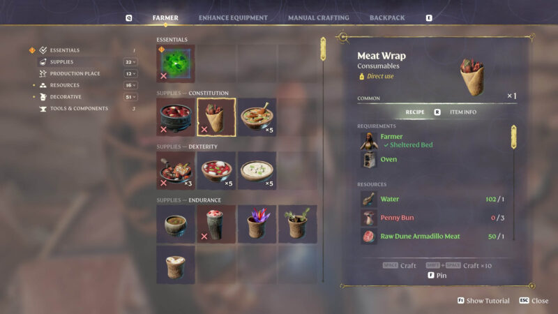 Enshrouded Meat Wrap consumable crafting recipe