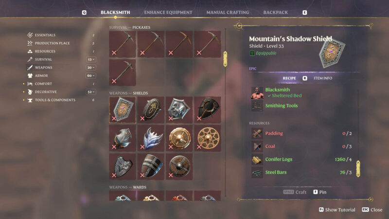 Enshrouded Mountain's Shadow Shield crafting reipe with Blacksmith