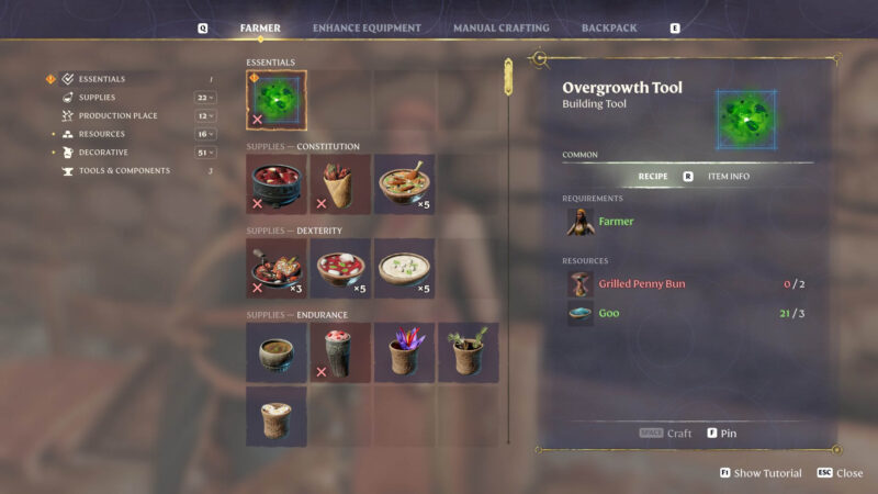 Enshrouded Overgrowth Tool building tool crafting recipe with Farmer
