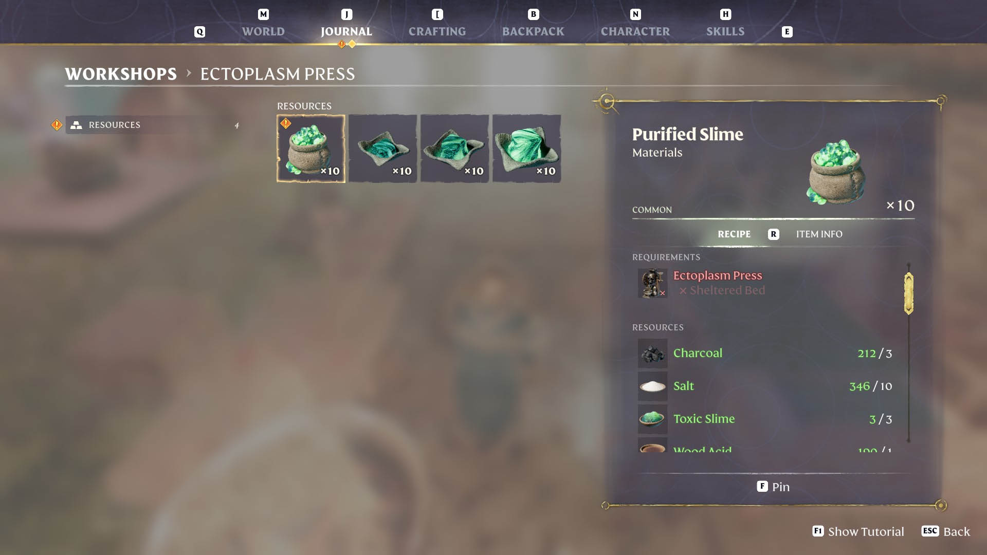 Enshrouded Purified Slime crafting recipe with Collector and Ectoplasm Press