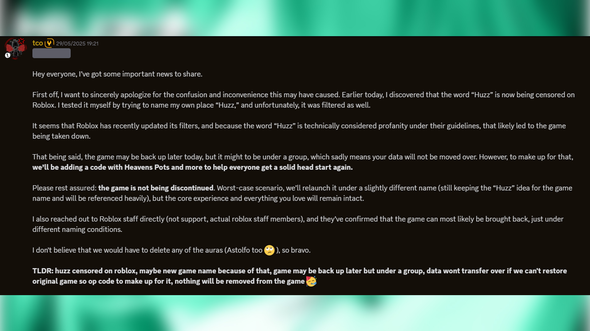 Developers response to the suspension (Image via Discord)