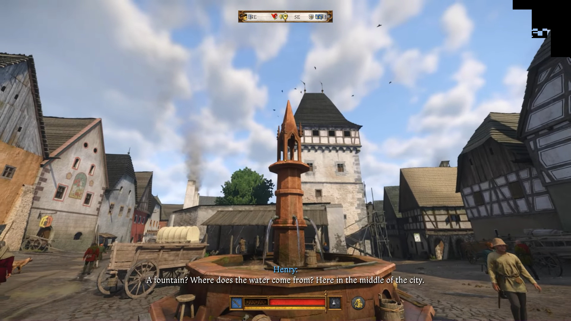 Go to the fountain, and look for the shadow (Image via Deep Silver and @ConCon/YouTube) Kingdom Come Deliverance 2 Thieves Code