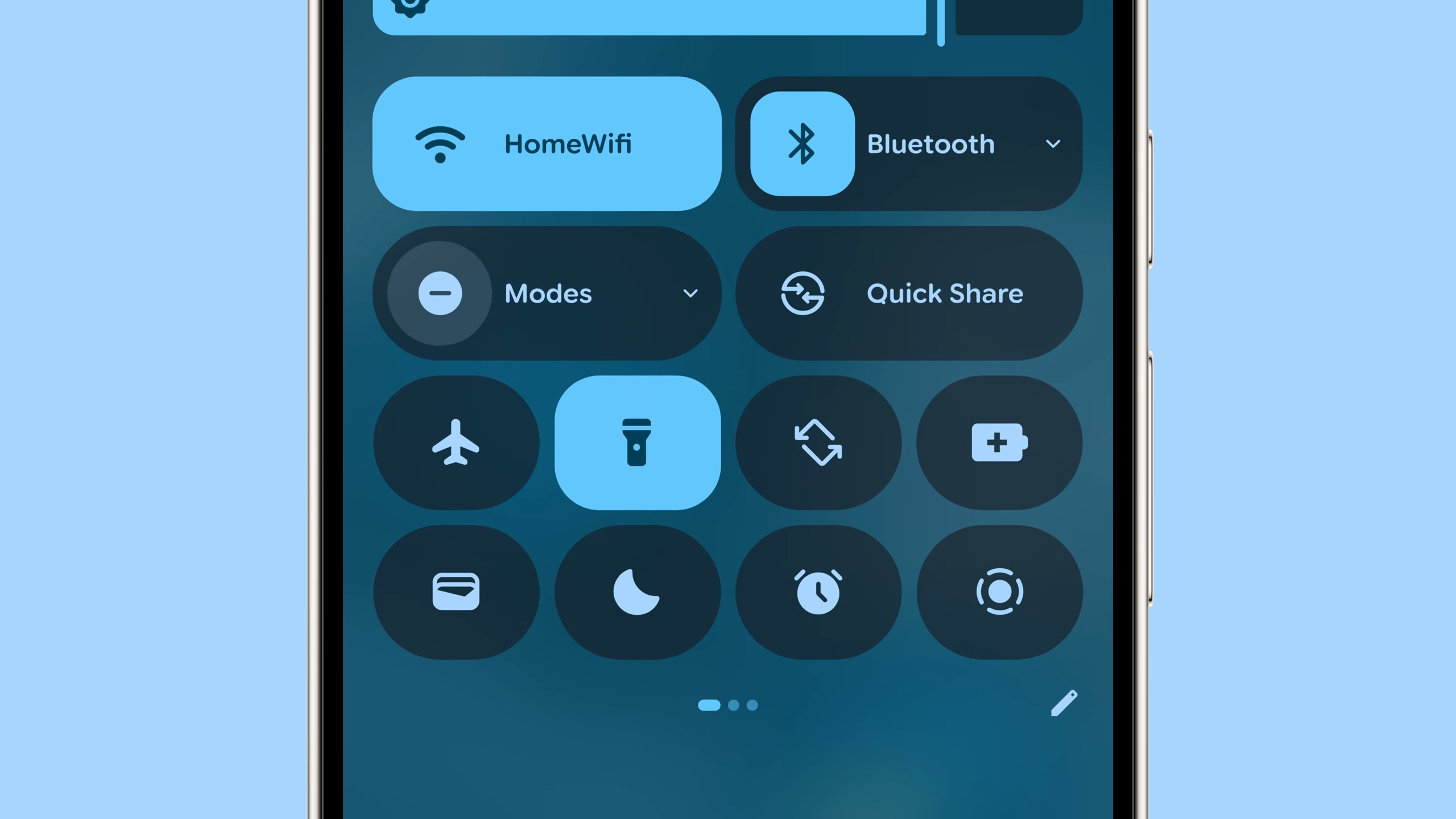 Picture of the new Quick Settings panel design in Android 16