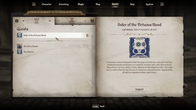 Order of the Virtuous Blood quest guide (Image via Bethesda Softworks)