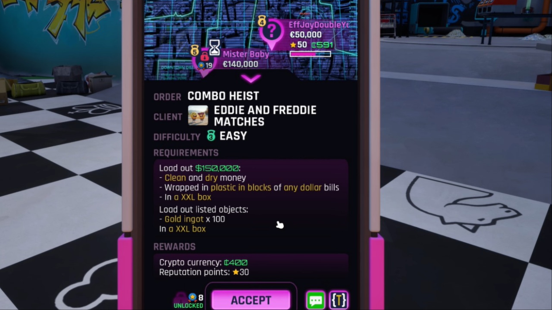 Combo Heist mission in Cash Cleaner Simulator (Image via Forklift Interactive & Digital Pajamas)