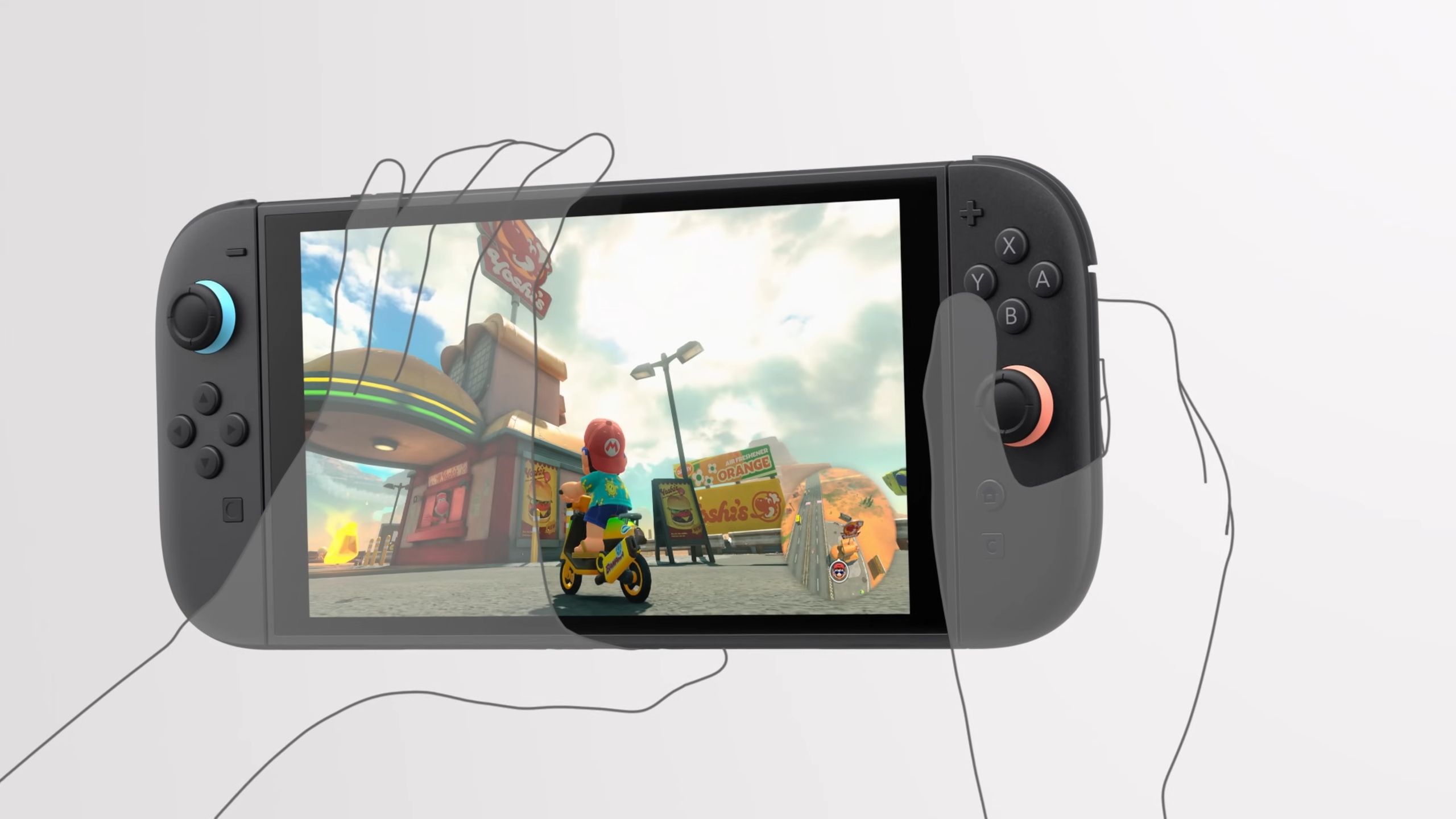 Picture describes how the Nintendo Switch 2 is smaller and lighter than many other handhelds on the market