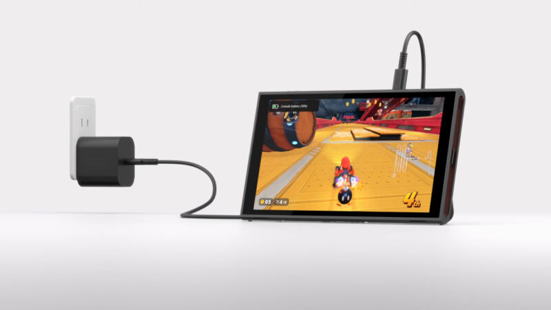 Picture of Nintendo Switch 2 connected to a wall adapter