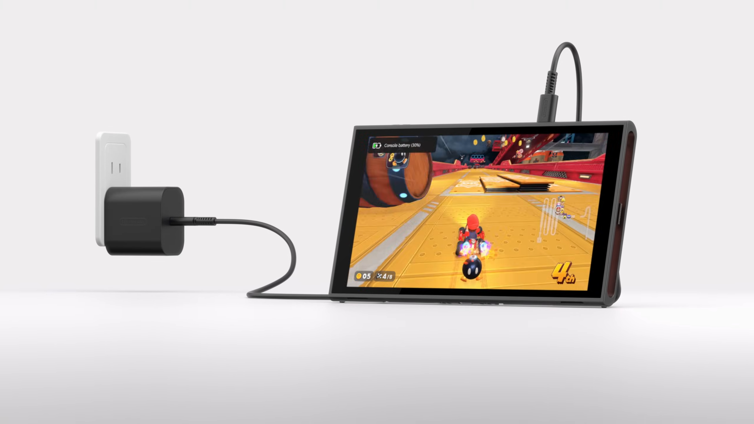 Picture of Nintendo Switch 2 connected to a wall adapter