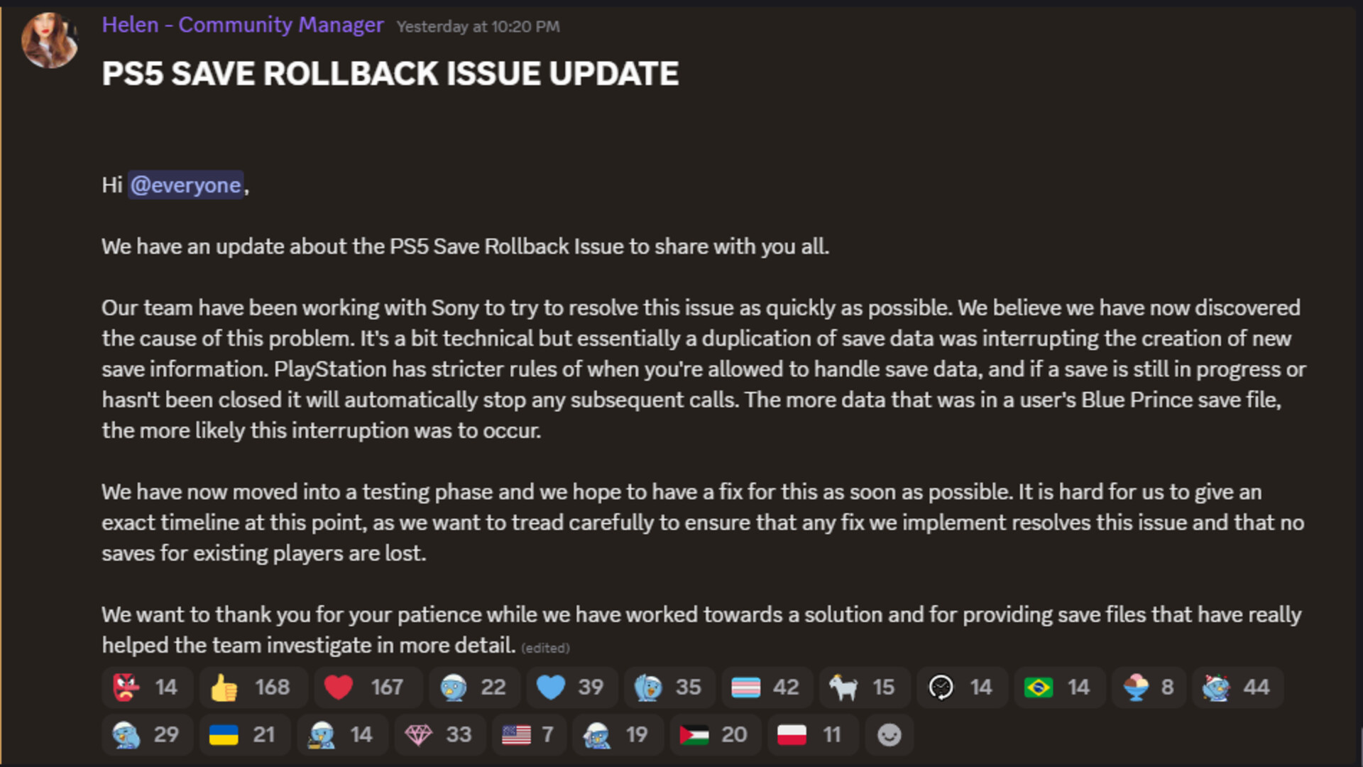 Official communication about Blue Prince PS5 Save File Bug.