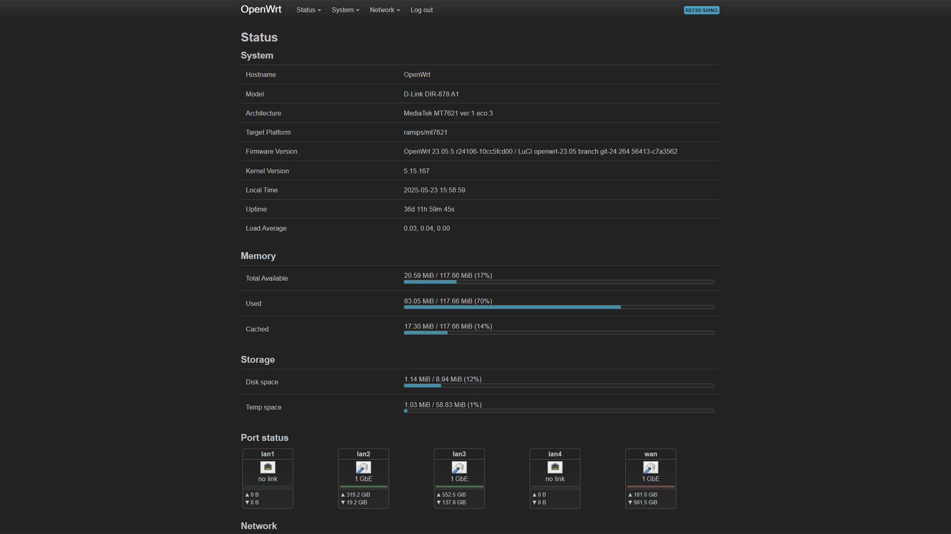 Image showing OpenWRT running router's homepage (Image via Deltia's Gaming)