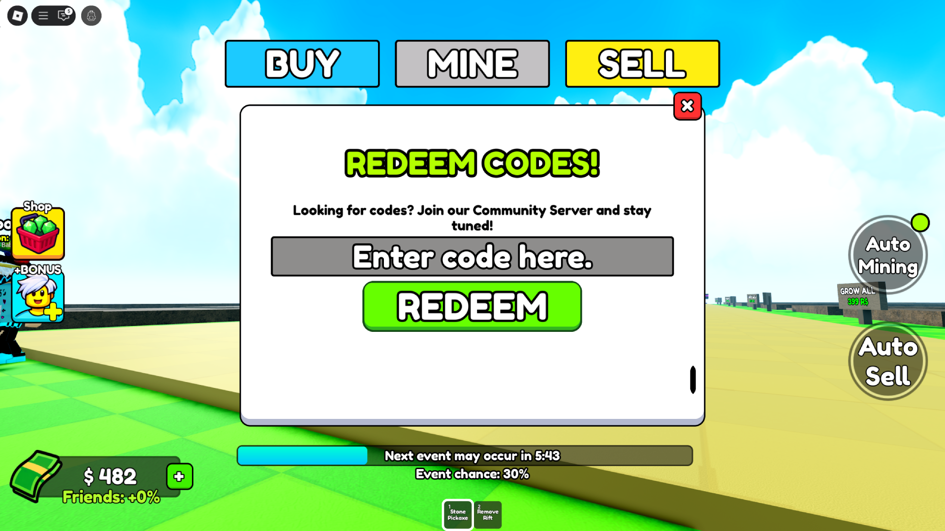Redeem Grow Mine Codes (Image via Roblox Corporation)