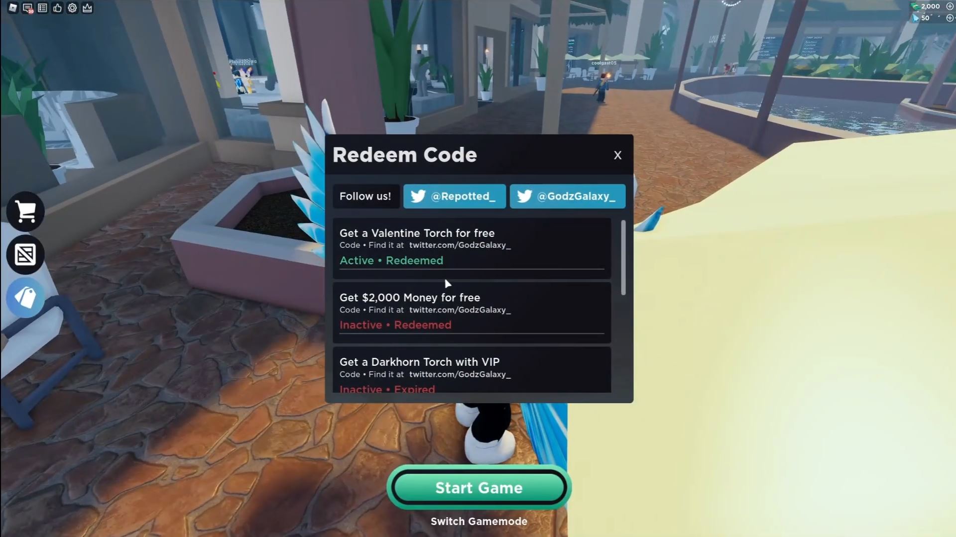 Redeeming codes in Outlaster (Image via Roblox)