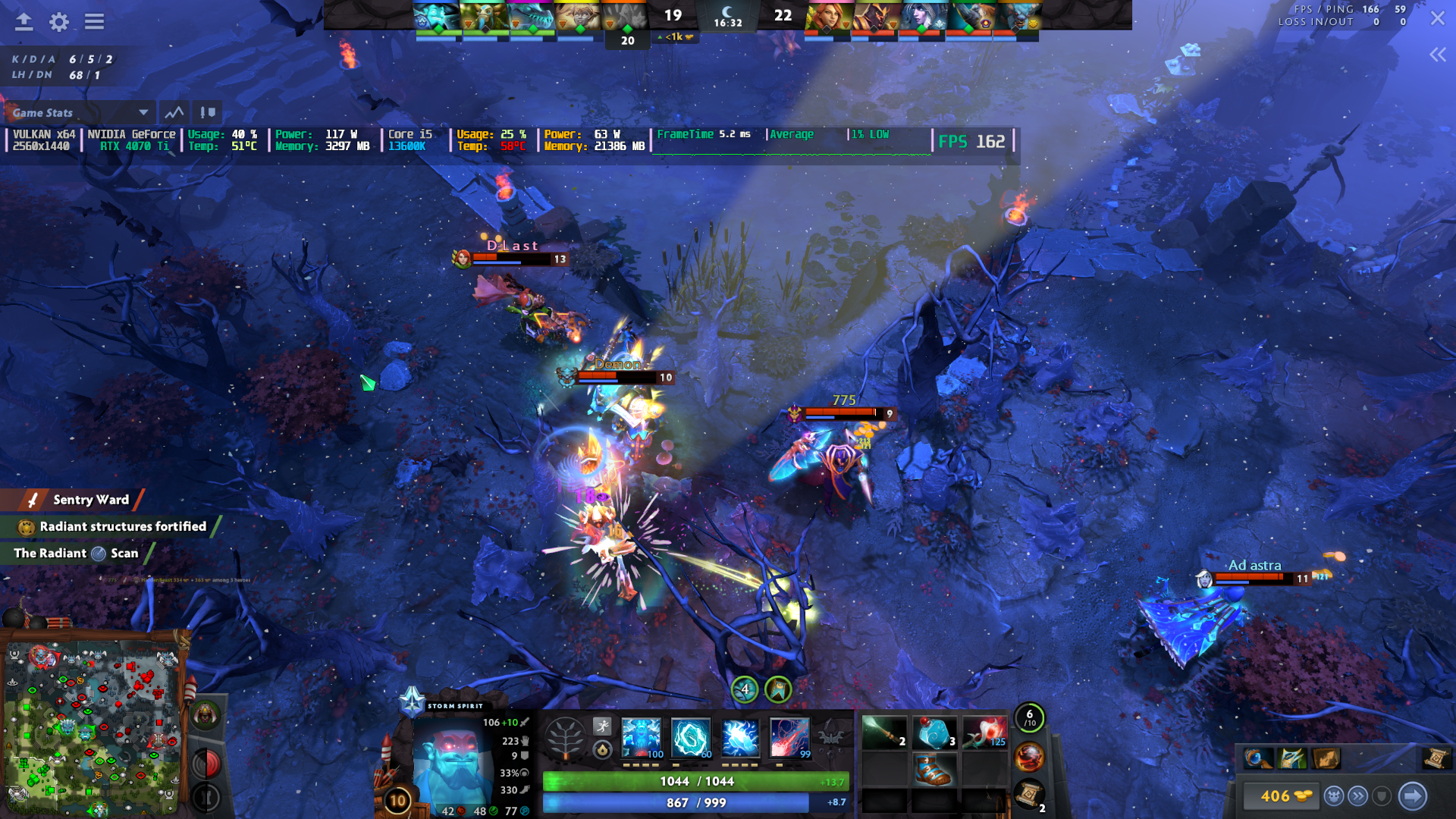 Image from Dota 2 showing a smooth frame time graph with a Tuned DDR5 7200 memory