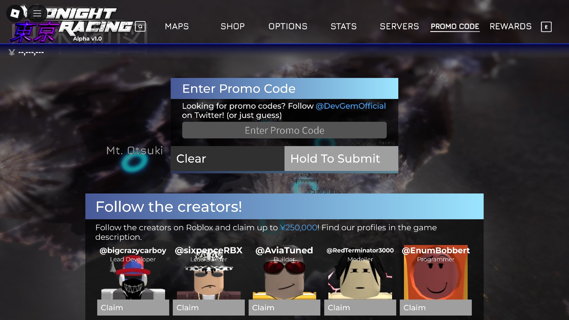Redeeming codes in Midnight Racing Tokyo (Image via Roblox)