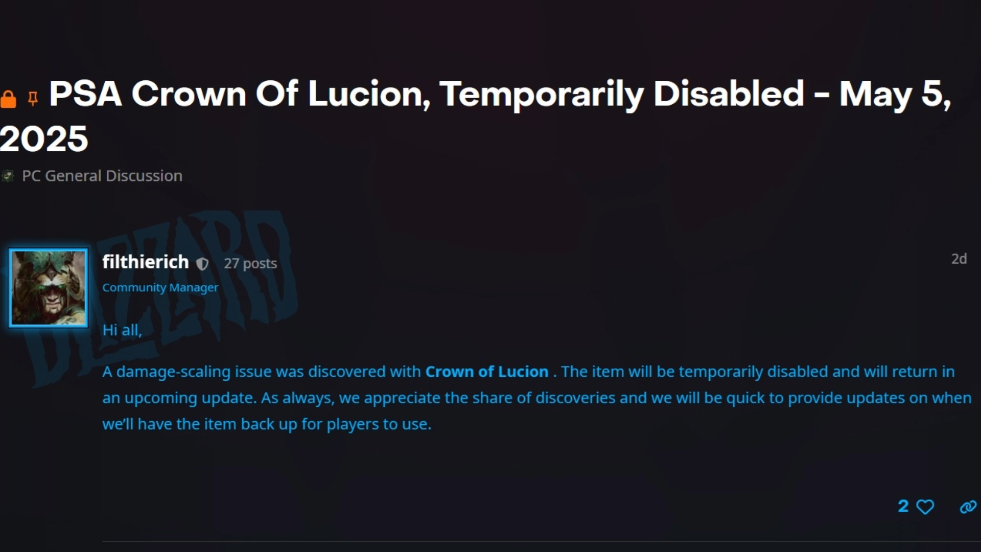 The message from the community manager about the Crown of Lucion