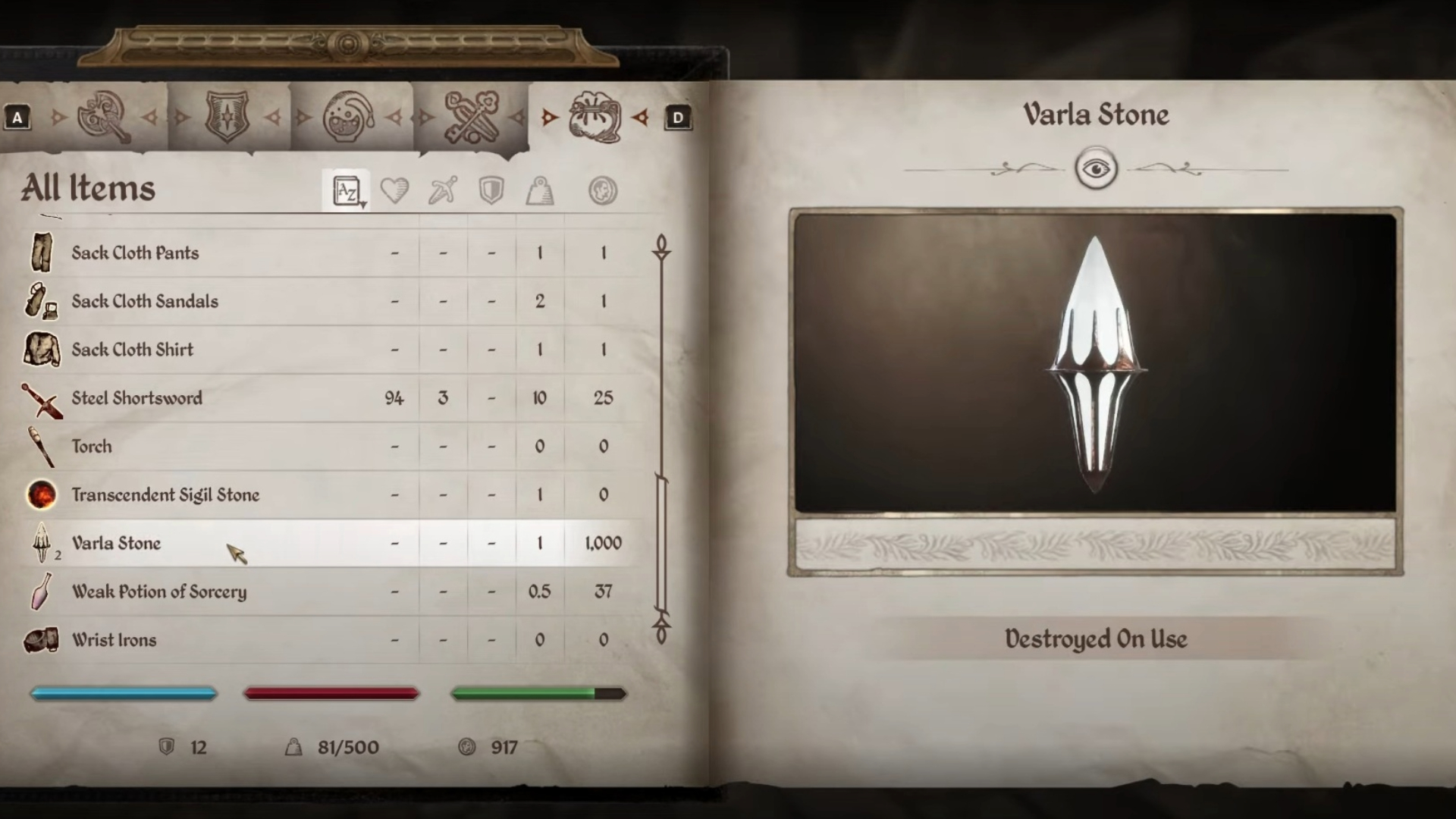 Varla Stones in the inventory