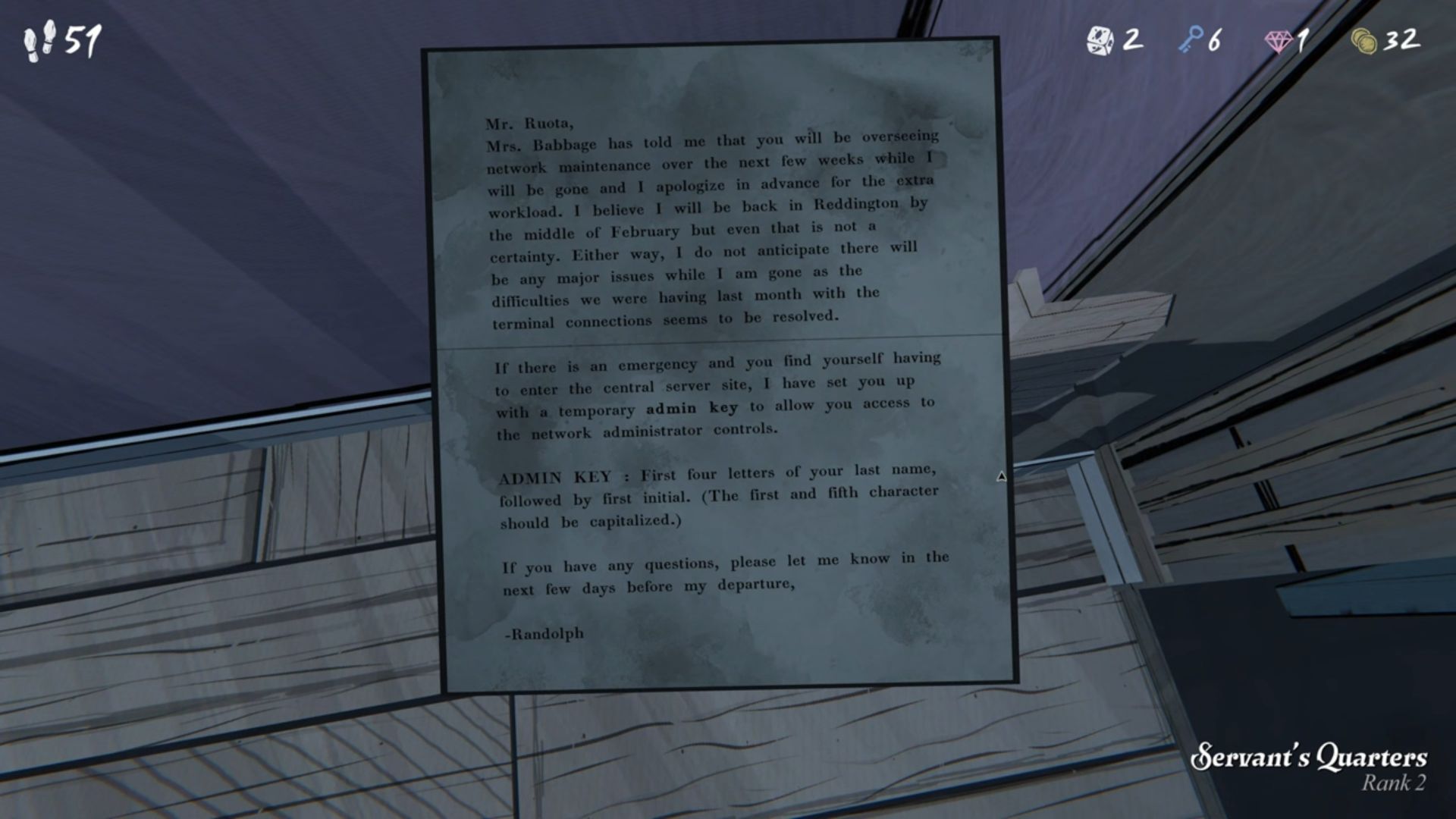 Servant’s Quarters clue note