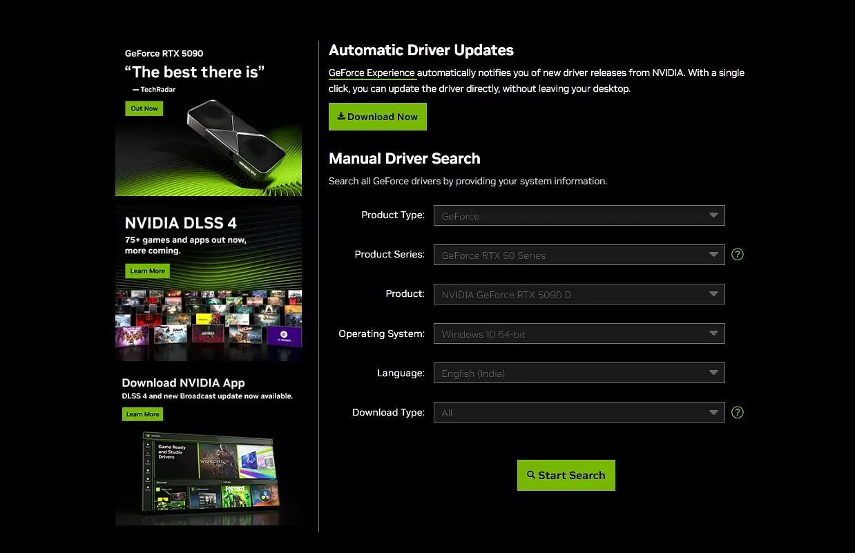 Picture of the Nvidia GPU driver download page