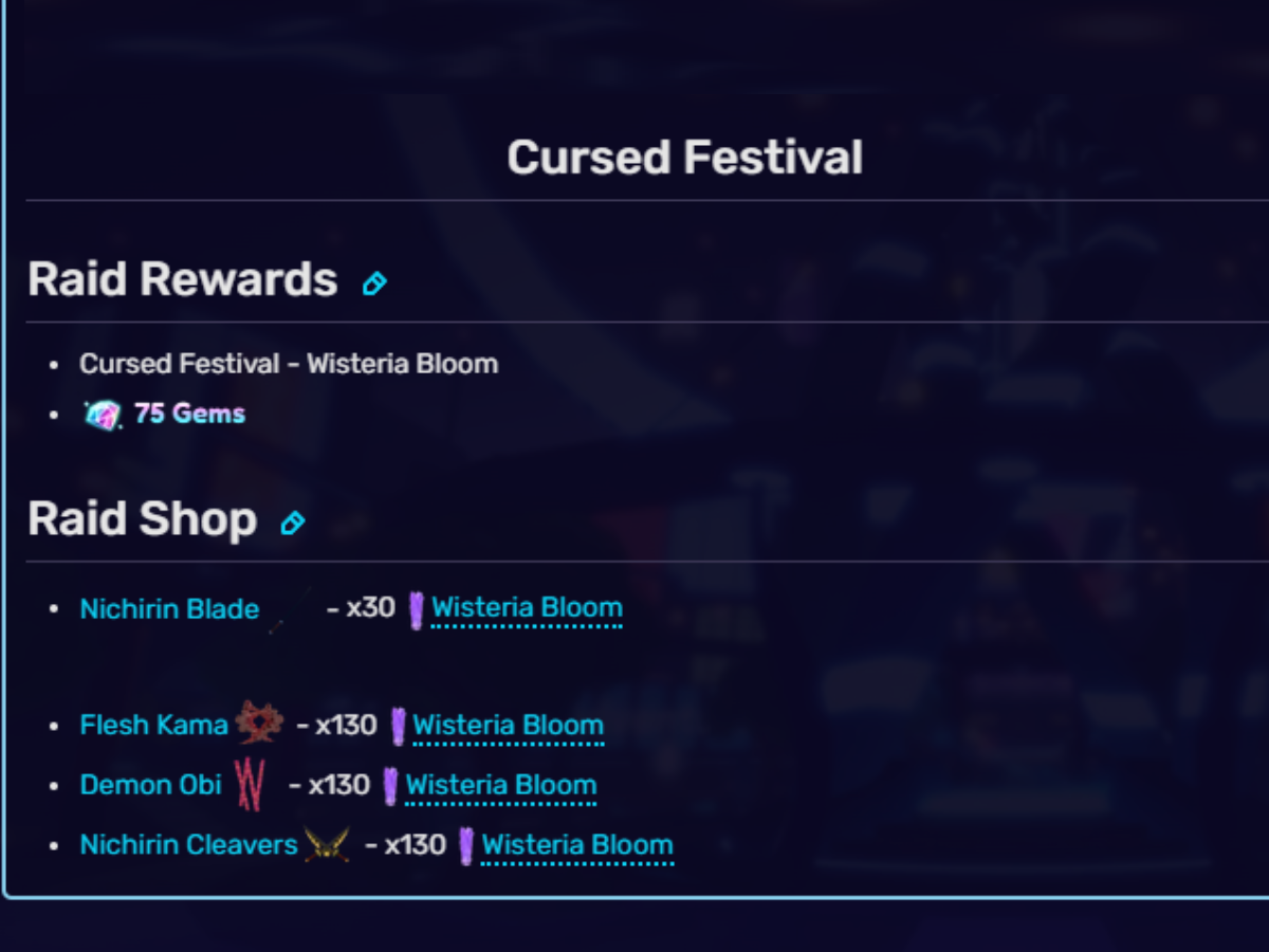Cursed Festival Rewards and Shop Details (Image via animeadventures.fandom.com)