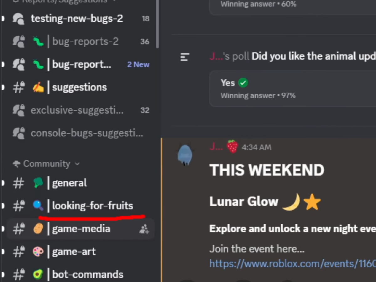 Join the #looking-for-fruits section to find people for trading (Image via Discord)