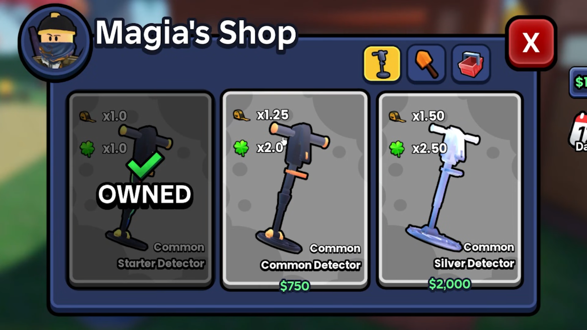 You can purchase better detectors from the in-game shop (Image via Go Dig | Roblox)