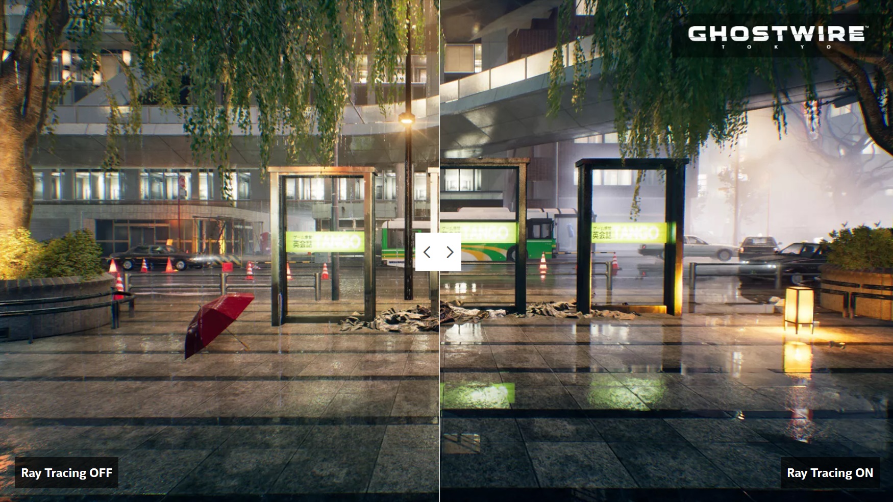Picture of ray tracing on vs off in Ghostwire: Tokyo