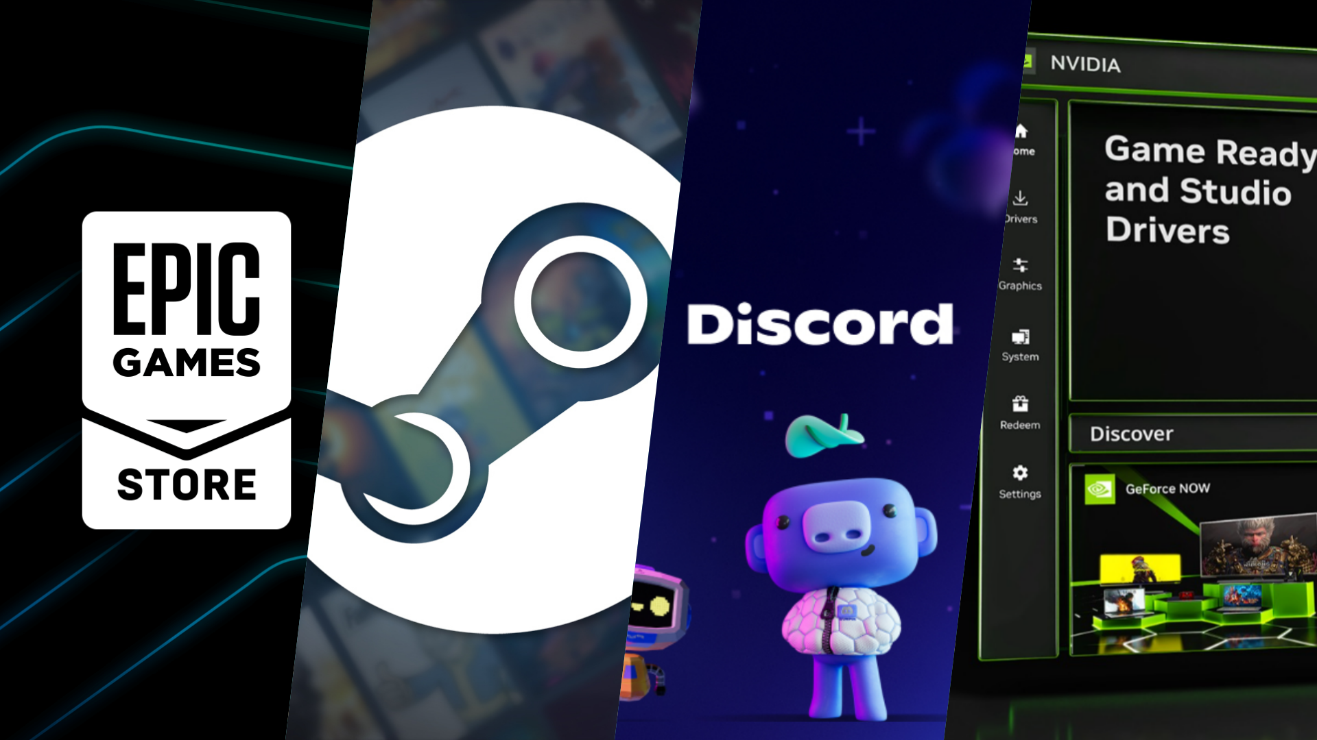 Best free software to install on a new PC or laptop (Image via Epic | Steam | Discord | NVIDIA)