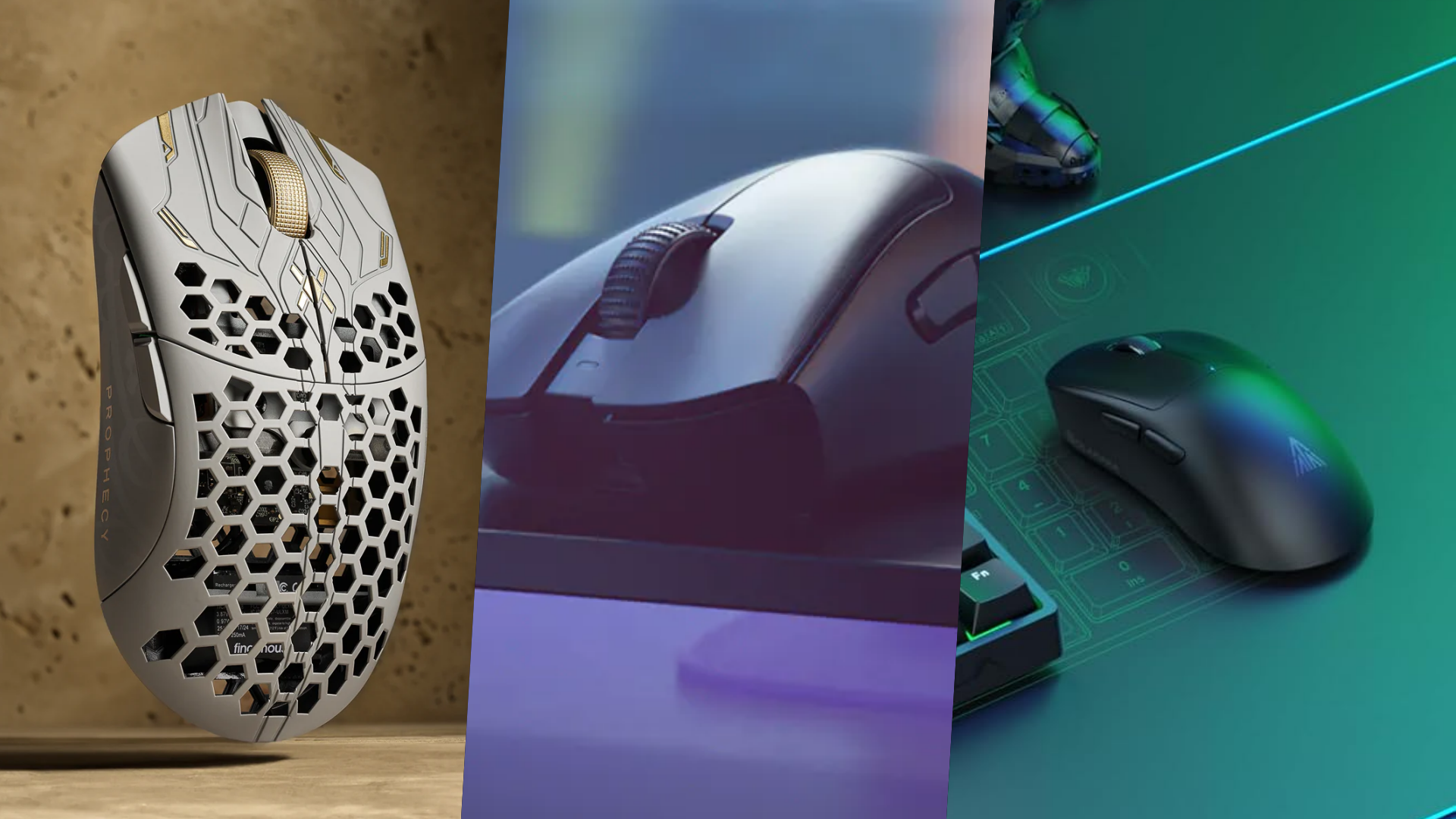 A collage image of mice by Razer, Aula, and Finalmouse
