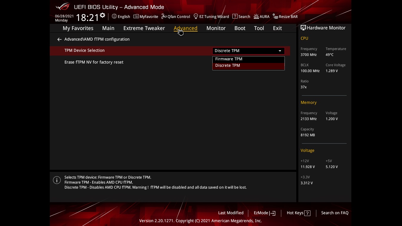 Picture of TPM settings in ASUS BIOS