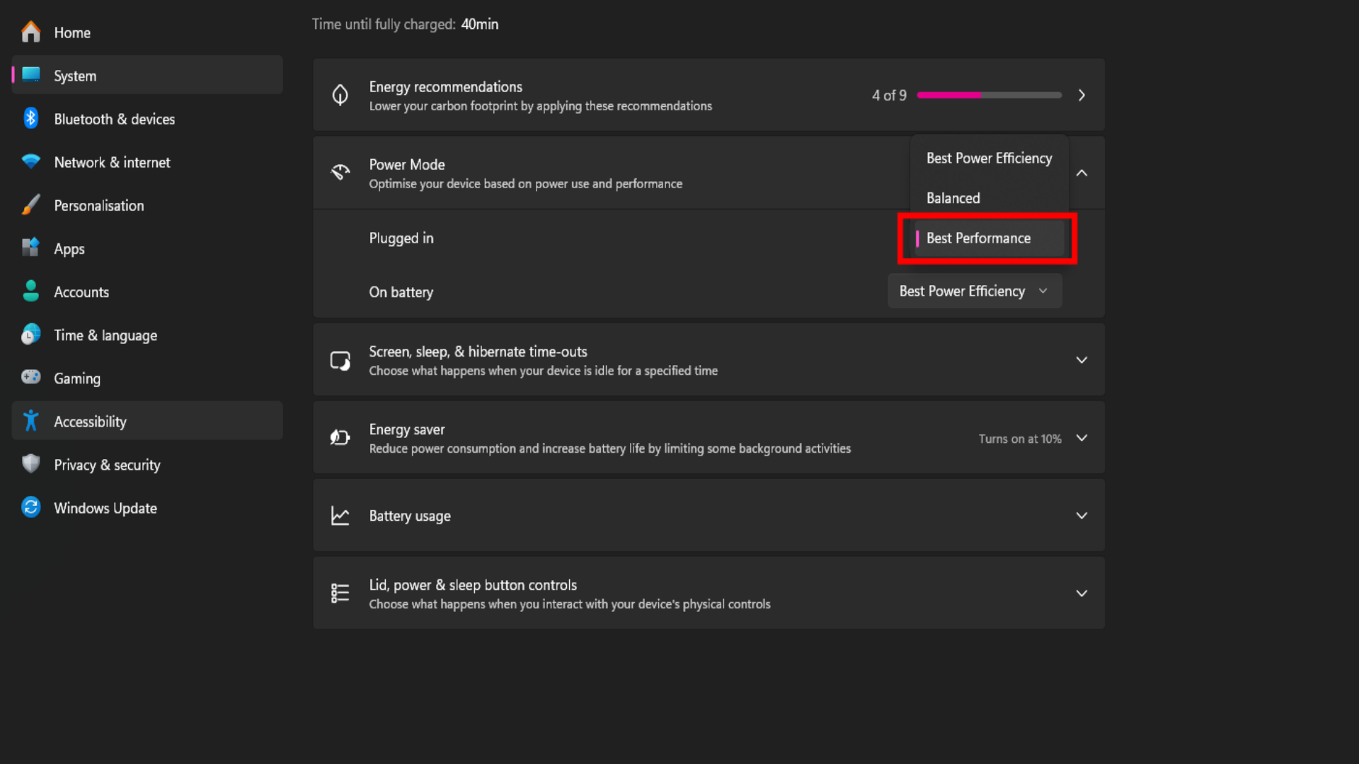 Switching to Best Performance in Windows Power settings (Image via Microsoft)