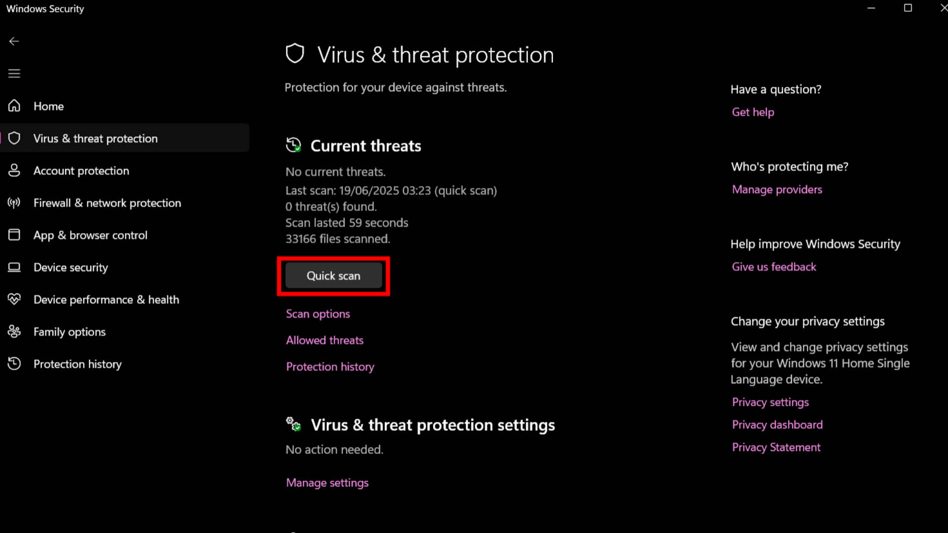 Performing a quick virus scan using Windows Security (Image via Microsoft)