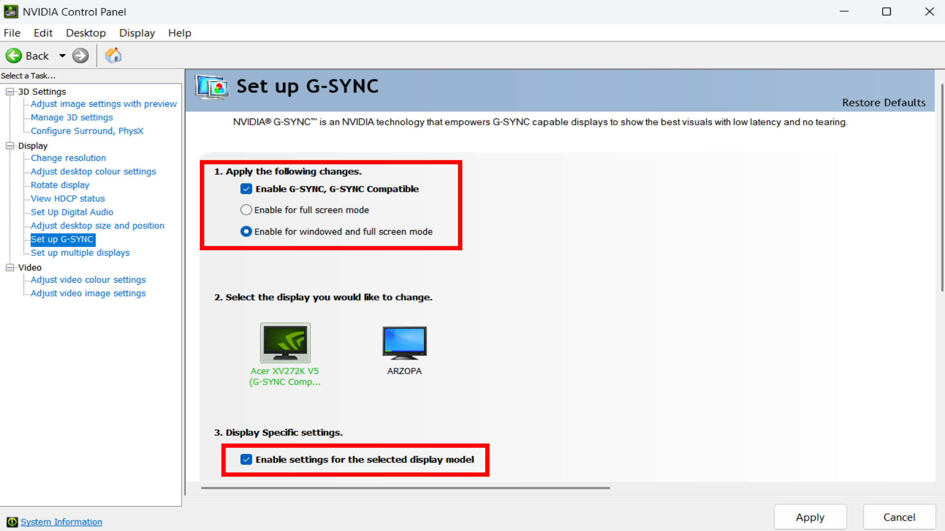 Enabling G-Sync from the Nvidia Control Panel (Image via Microsoft)