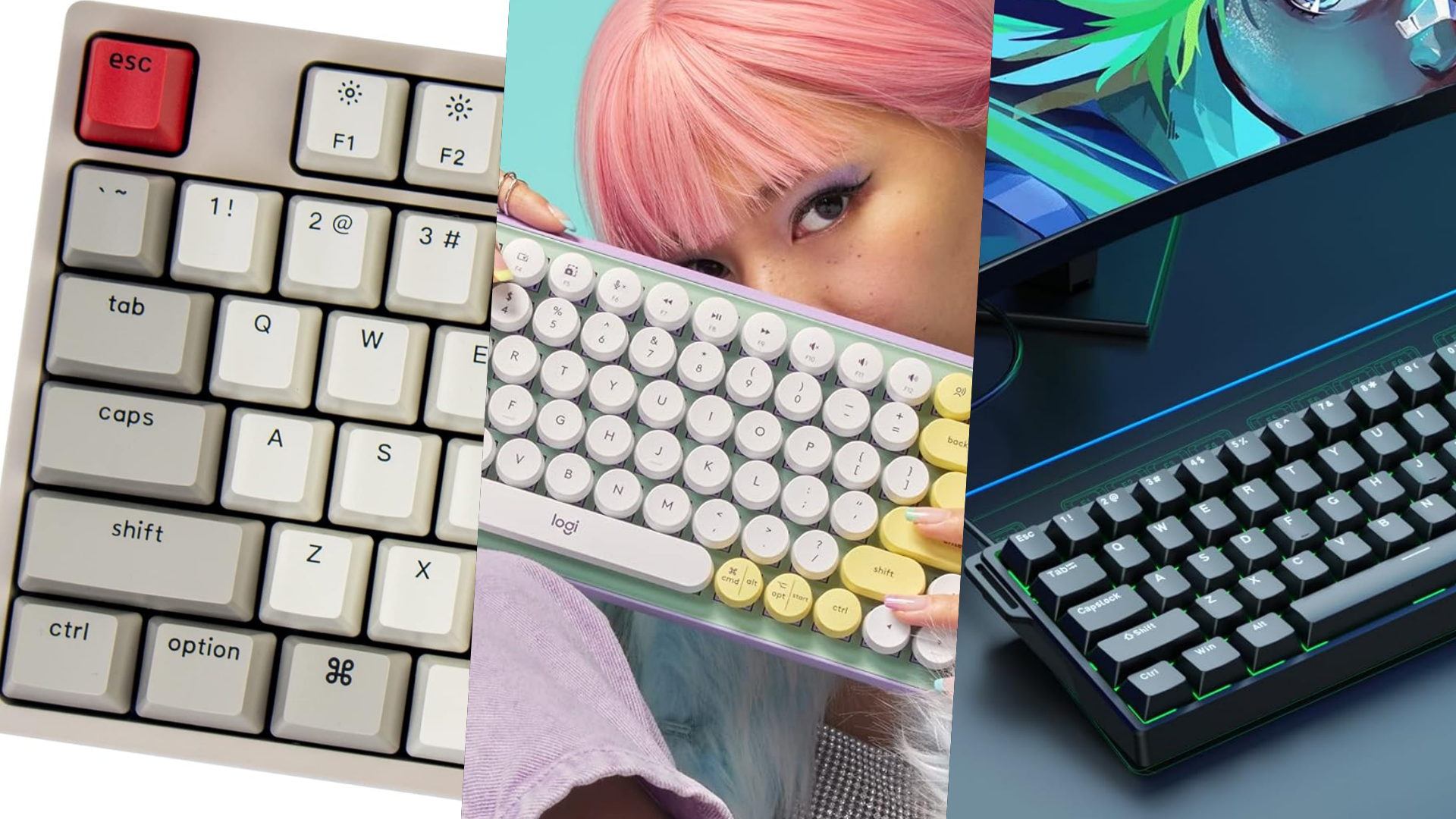 A collage image of keyboards by Keychron, Aula, and Logitech