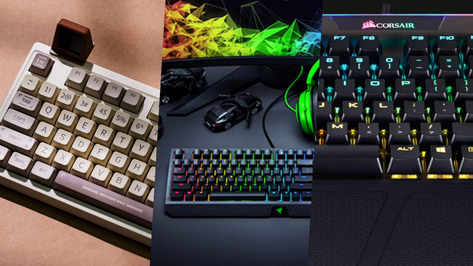 A collage image of keyboards by Razer, Corsair, Epomaker