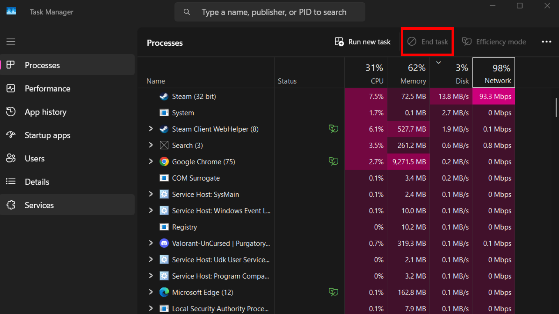 Using Task Manager to end tasks with high disk and CPU usage (Image via Microsoft)