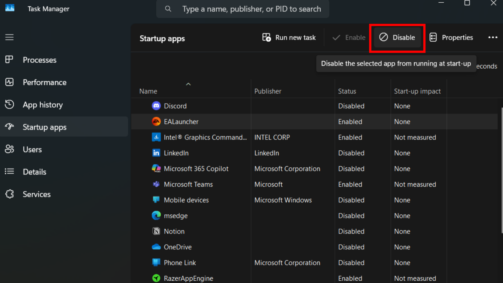 Disabling startup apps with Task Manager (Image via Microsoft)