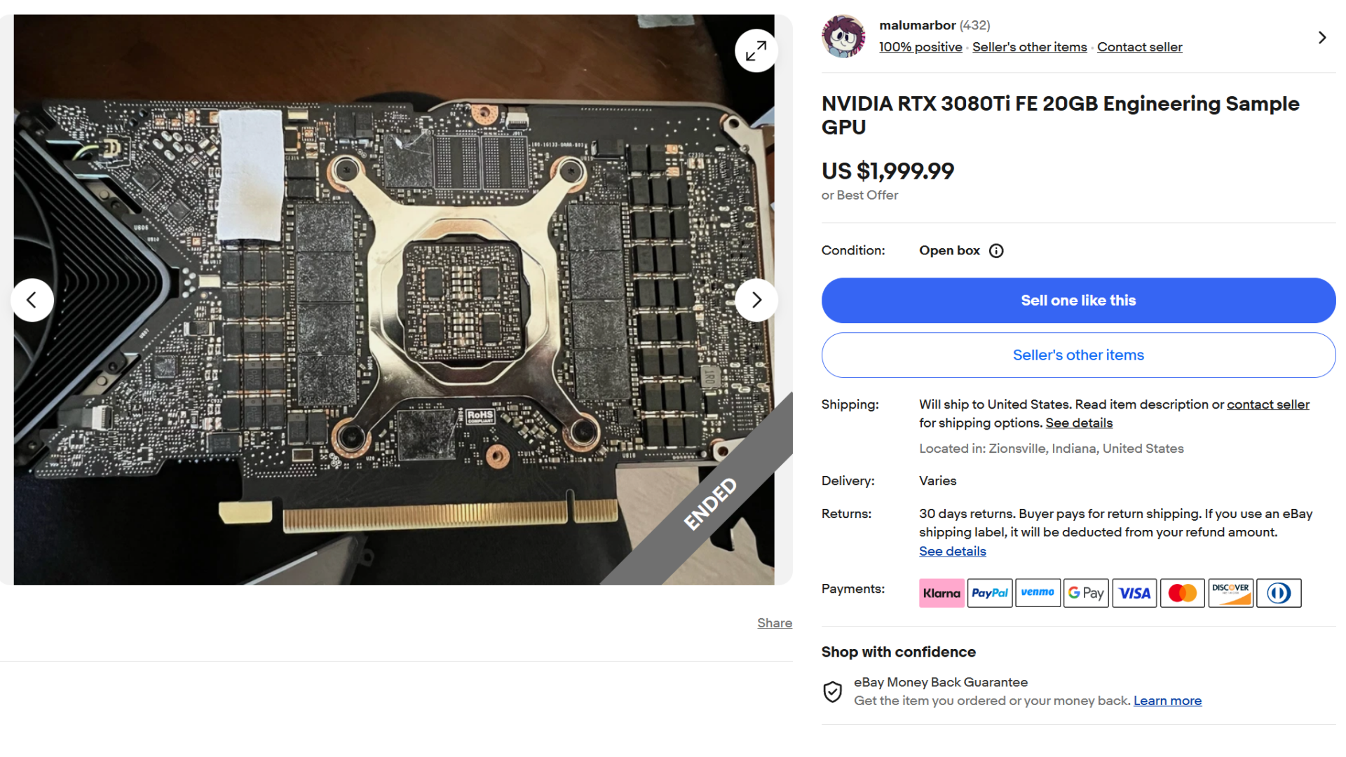 ebay Listing shows RTX 3080 Ti with 20GB VRAM (Image via eBay)