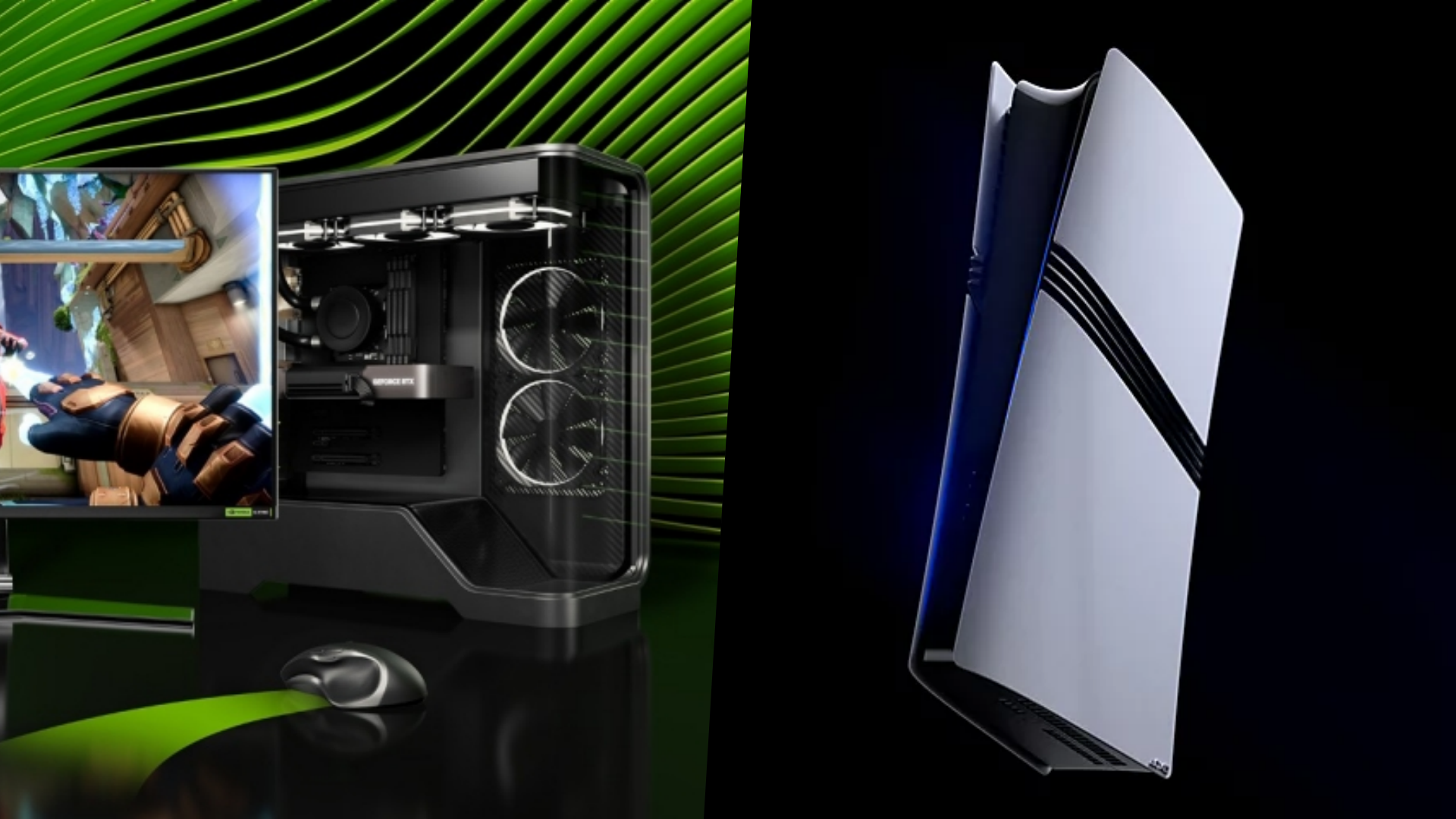A gaming PC featuring Nvidia graphics and PlayStation 5 Pro console (Image via Nvidia | Sony)