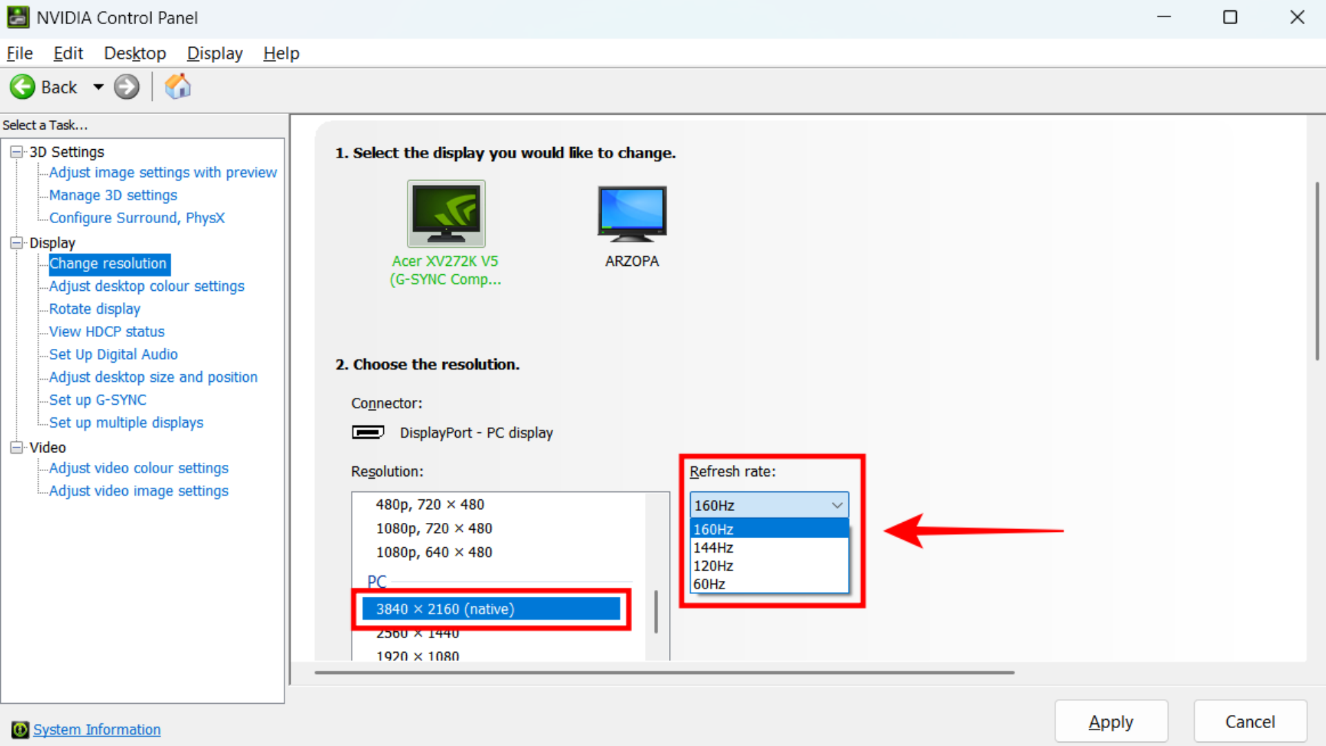 Native resolution and refresh rate settings (Image via Microsoft)