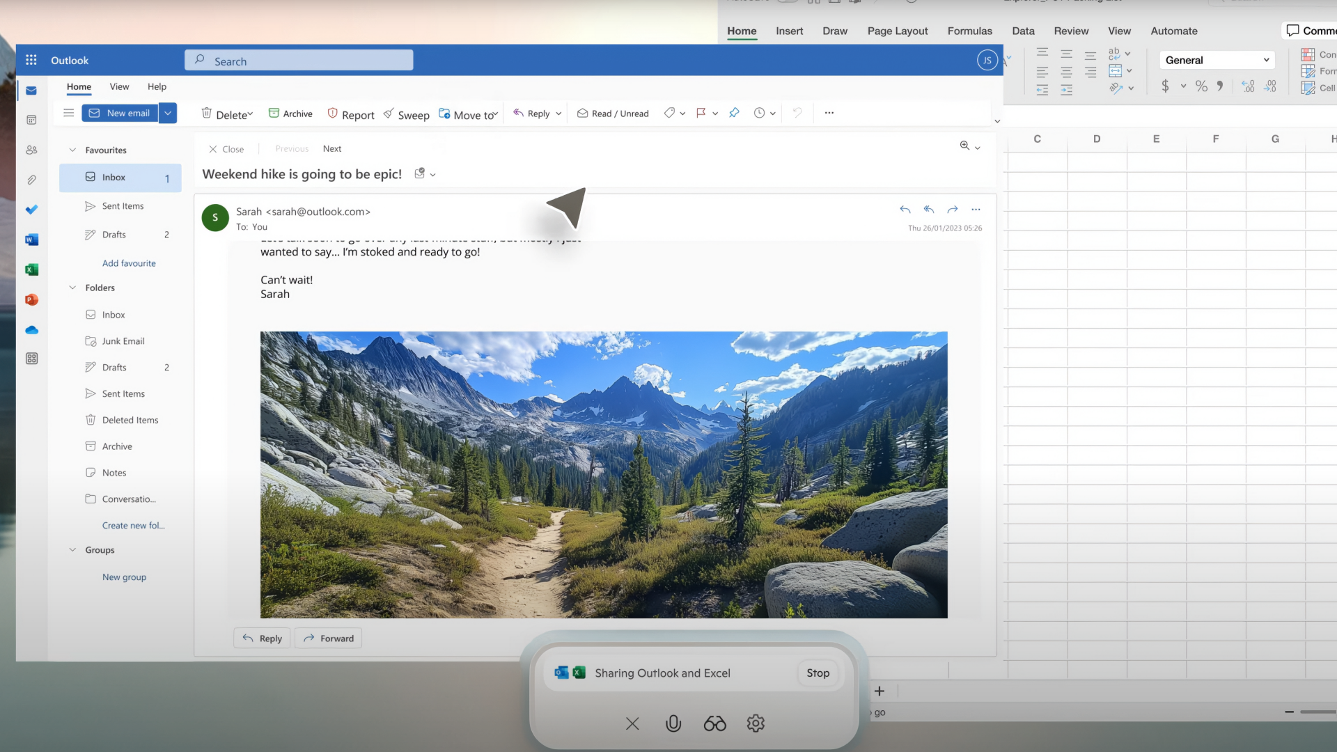 Copilot demo showing Outlook and Excel apps shared to the AI assistant (Image via Microsoft)