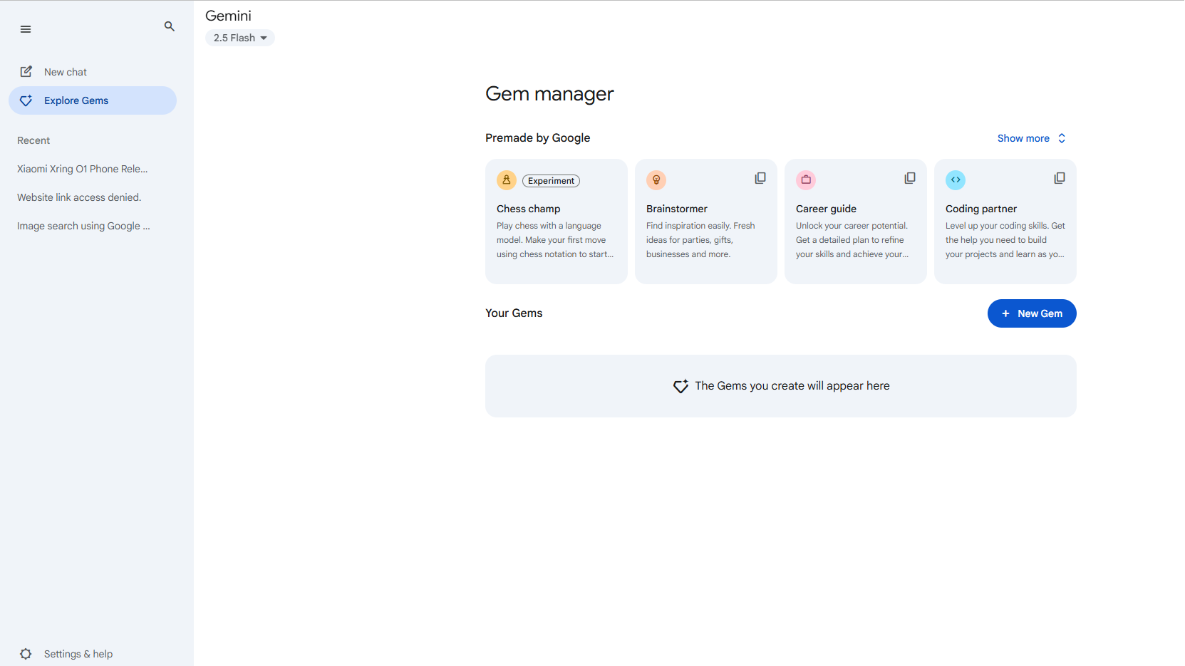 Picture of Gem Manager in Google Gemini