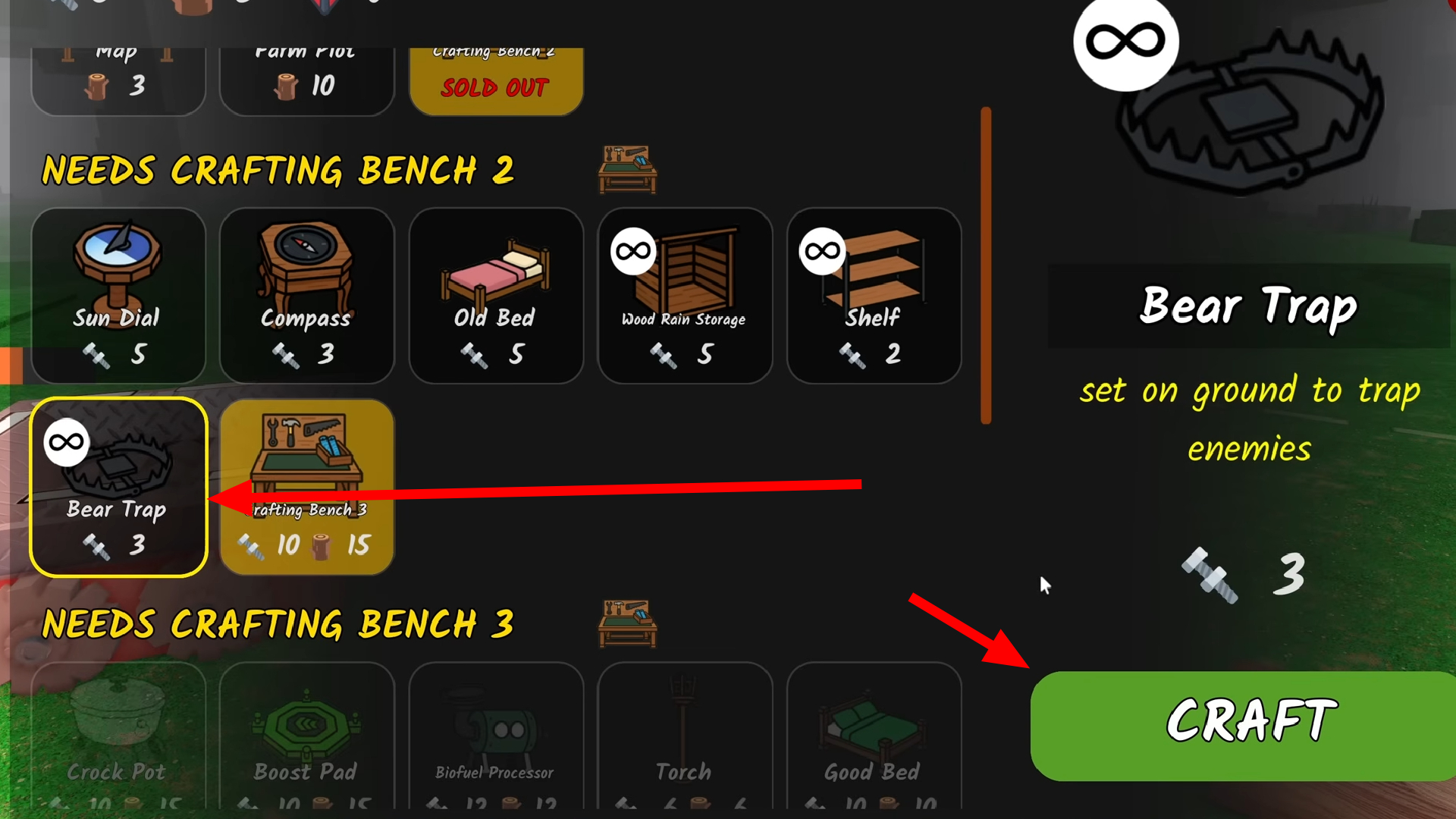 Craft the Bear Trap (Image via Roblox Corporation)