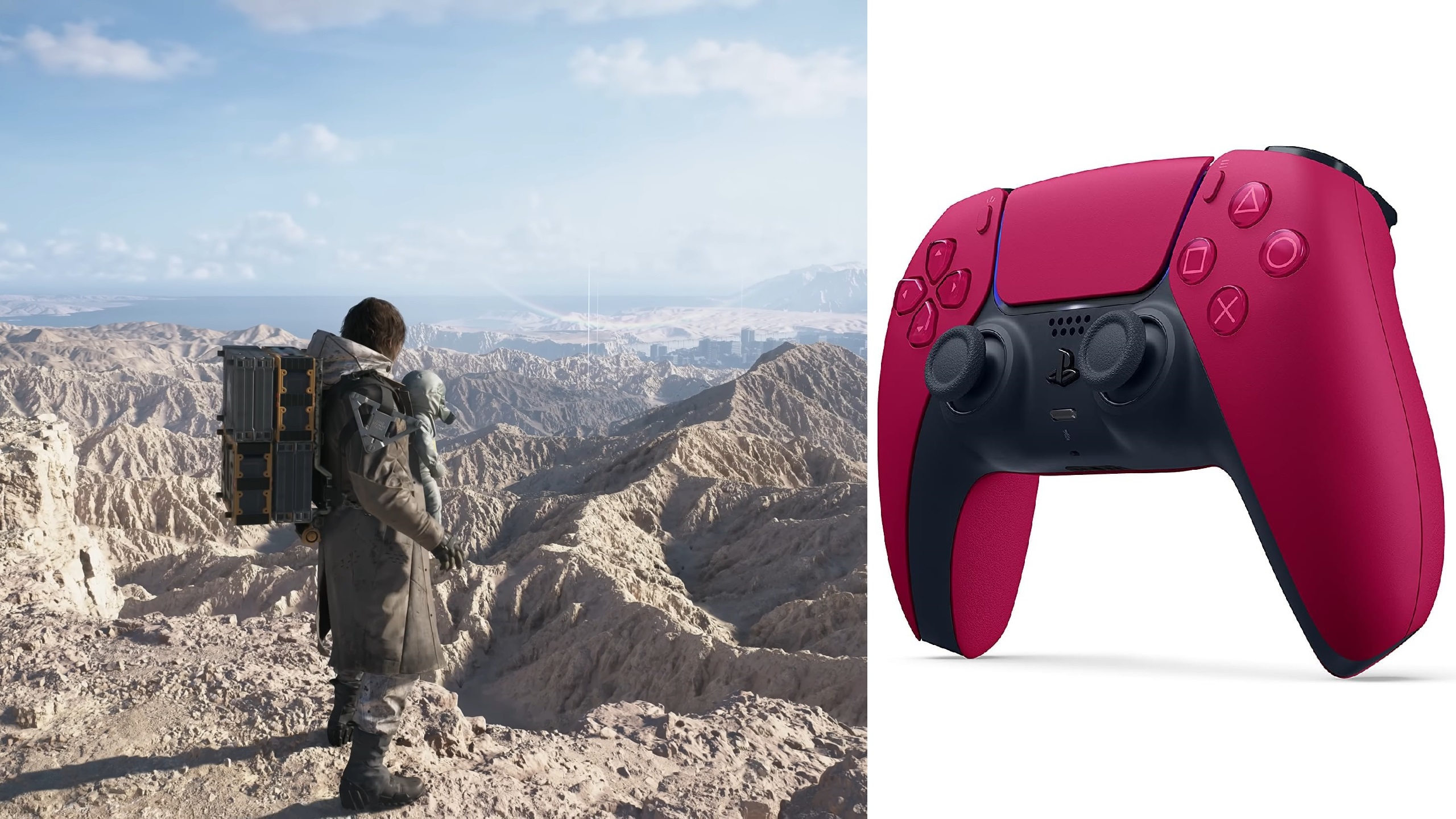 Picture of Sam Porter in Dealth Stranding 2 and PS5 Controller