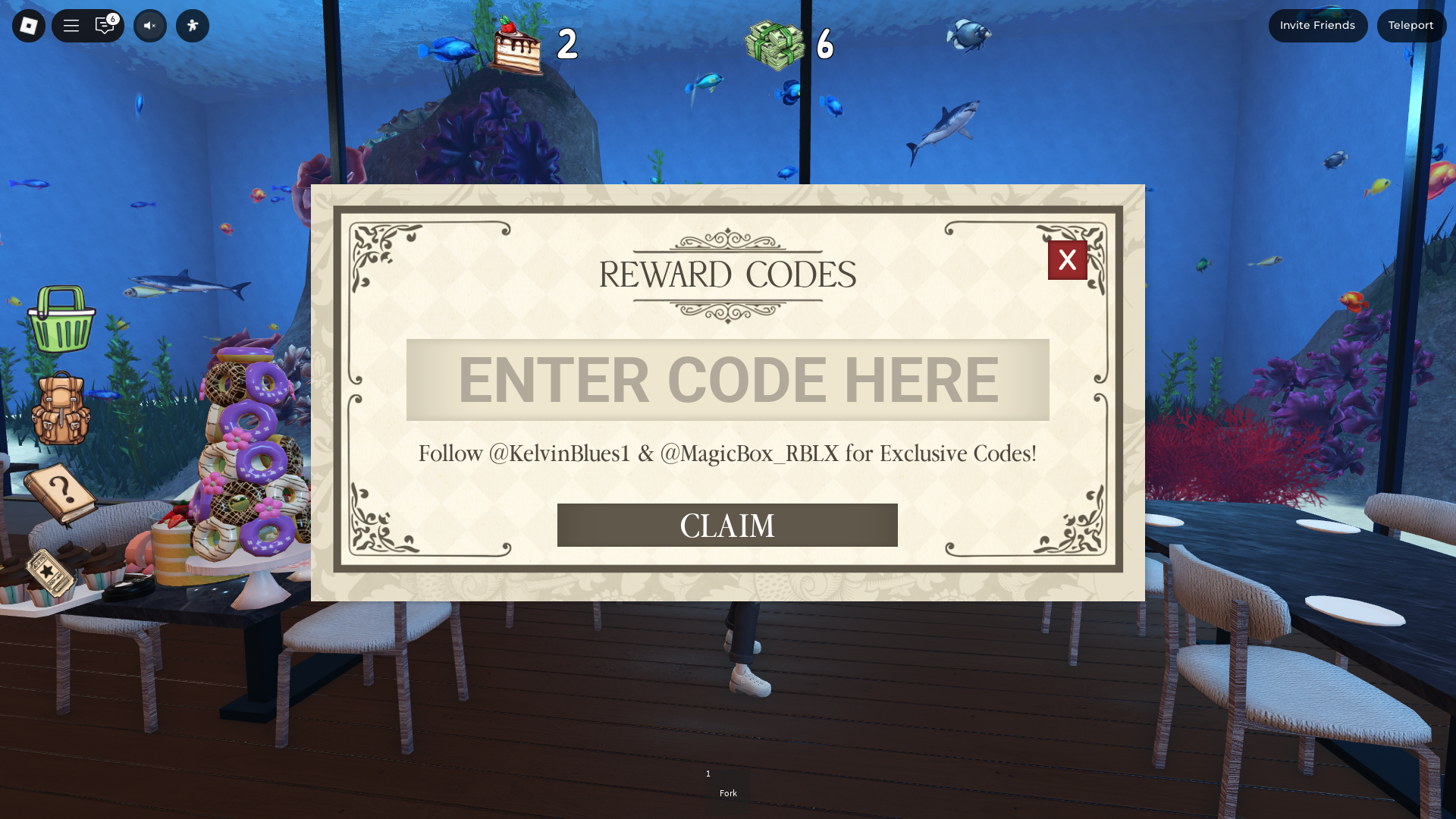 Redeeming codes in Tea Time Dessert Buffet (Image via Roblox)